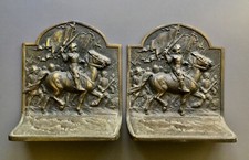 Vintage Solid Metal Bookends - Battle Scene Armored Soldier on Horseback picture