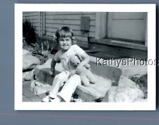BLACK & WHITE PHOTO F+1256 GIRL SITTING ON STAIRS HOLDING STUFT RABBIT picture