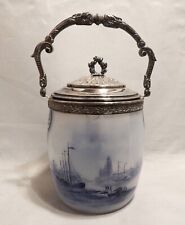 Antique Wilhelmine Opalescent Glass Hand Painted Biscuit Jar Handled Silver picture