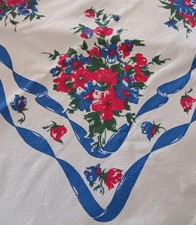 Vintage 50s Printed Cotton Tablecloth Blue Ribbon Red Flowers 49