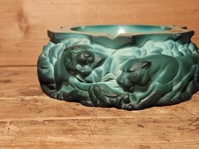 Vtg 1930's Czech Art Deco Malachite Glass Jade Panthers Ashtray Stunning RARE picture