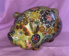 VTG Folk Art Pottery Piggy Bank Hippie Bohemian Retro Mexican Style Green Large picture