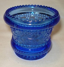Vintage St Clair Blue Glass Beaded Rim Holly Leaf Band Round Toothpick Holder picture