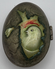 Antique Egg Shaped Metal Trinket Box Chick Hatching Out Blue Enamel Inside picture