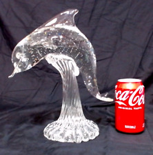 RARE 1979 LARGE HAND BLOWN SOLID GLASS DOLPHIN ON WAVE FIGURE 11-1/2