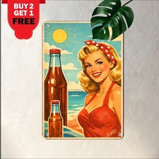 Vintage Ocean Beach Drink Maiden Metal Sign Classic Coastal Tin Plaque 8x12 picture