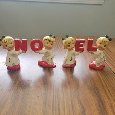 Vintage Napco Pajama Kids NOEL Christmas Candle Holders Japan, One Repair picture