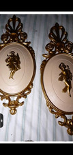 Pair Oval Wall Mounted Plaques Ornate Gold/White Plastic Cherub Relief picture