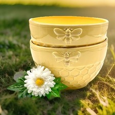 Yellow Honeycomb Bumblebee Ceramic Soup Cereal Bowls Set Of 2* picture
