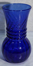 Vintage Indiana Glass Cobalt Blue Banded Vase Hand Blown Swirl 6 1/4
