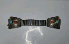 Vtg. Native American Old Pawn Navajo Sterling Silver Turquois Coral Watch Band picture