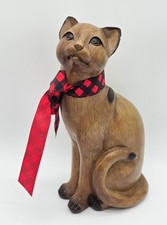 Vintage Faux Wood Grain Cat Figurine Resin Statue Amber Eyes Buffalo Plaid Bow picture