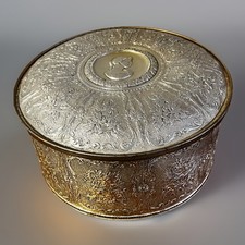Vintage Guildcraft Chicago Silver Plate Embossed Round Tin Trinket Sewing Box picture