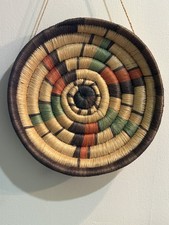 10” Natural Woven Coil BASKET /tray Turquoise orange black Nat  picture