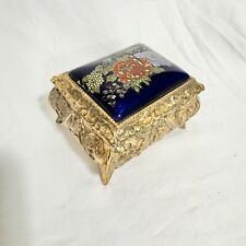 Vintage Trinket Box Floral Velvet Lined Baroque Rococo Footed Gold Tone Blue picture