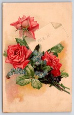 1907 Antique Embossed Red Roses Forget Me Nots Floral Postcard Posted RI picture