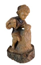 Vintage Hand Carved Olive Wood Boy Carpenter Figurine Woodworking Sculpture 6