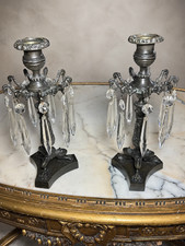 Antique 1830s English Victorian Cast Bronze Candlesticks Cut Glass Lusters Pair picture