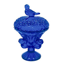 Hofbauer Byrdes Trinket Dish Cobalt Blue Crystal w 4 Birds Pedestal Base and Lid picture