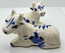 Vintage Salt And Pepper Shakers Cow Porcelain Blue And White Windmill Floral picture