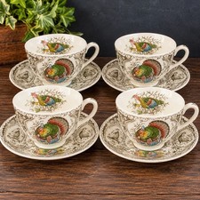Vintage Johnson Brothers Wild Turkeys 4 Teacup Saucer Sets England Thanksgiving picture