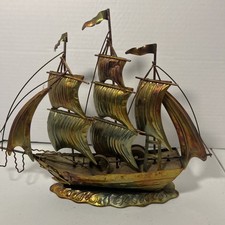 VINTAGE TIN METAL SAILING SHIP 3 MAST HONG KONG NAUTICAL BRUTALIST GOLD COPPER picture