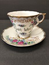 Vintage Antique Get Well Floral flower  Gold Rimmed Tea Cup And Saucer Set picture
