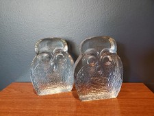Vintage MCM 1969 Blenko Owl Bookends Clear Heavy Art Glass Joel Myers  picture