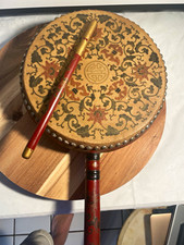 Vintage Tibetan Buddhist Lag Rnga Ritual Drum Double Sided Painted w/ Beater picture