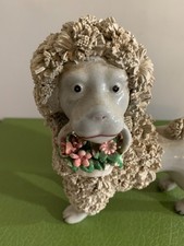 Antique Spaghetti Poodle Dog Figurine, Hand Painted Porcelain with Flower Basket picture