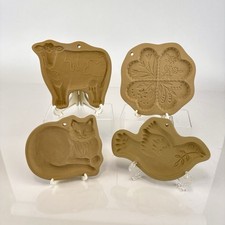 Vtg Brown Bag Cookie Art Stoneware Molds Lot of 4 Cat Cow Bird Clover Folk Art picture