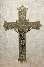 VINTAGE GALLO CATHOLIC RELIGIOUS ORNATE OPENWORK BRASS GOLD METAL CROSS CRUCIFIX picture