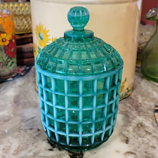 Fenton Rare Art Glass Uranium Green Opaline Vintage Waffle Pattern Lidded Jar picture