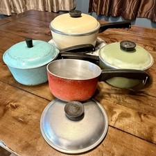 8pc VTG  1970s 70s Club Aluminum Cookware Set Red Yellow Blue Green Pots Lids picture