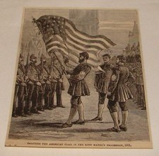 1882 magazine engraving ~ SALUTING THE AMERICAN FLAG picture