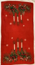 Vtg 40s 50s BELGIAN LINEN Tea Towel CANDLES HOLLY PINECONES SNOWFLAKES picture