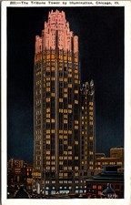 1933 Chicago Tribune Tower Night View Architecture Postcard picture
