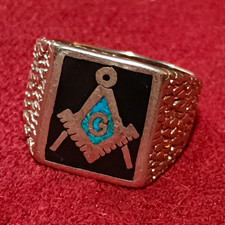 Silver Freemason Masonic Ring Square & Compass Symbol Blue G Emblem 925 13.1g picture