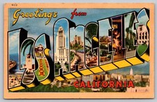 c1944 Greetings From Los Angeles California CA Large Letter Linen Postcard picture