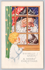 Postcard Christmas Embossed Santa and Boy Looking at Each Other Through a Window picture