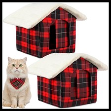 2 Pcs Christmas Cat House - Warm Waterproof Insulated Red Plaid Shelter picture