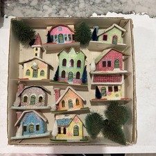 RARE Vintage GEM Christmas Deluxe 10 pc Alpine Village Set w/Box Japan Putz Mica picture