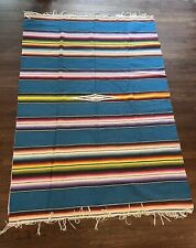 Large 92” Vtg Handwoven Mexican Saltillo Sarape Multicolored Woven Blanket Blue picture