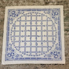 Vintage Cotton Tablecloth Blue and White Stripes Flowers Asian Feel 50” x 47” picture