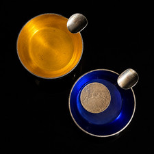 Vintage Meka Denmark Scandinavian Metal Enamel Ashtrays Blue & Gold Pair 60g picture