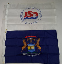 Vintage State of Michigan 2x3  Nylon Flag & Sesquicentennial 1837-1987 set of 2 picture