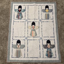 Vintage 1989 Handmade Japanese Kokeshi Doll Applique Quilt Signed Quilted picture
