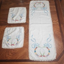 Vintage Handmade Embroidered Floral Ring Doilies Lot 3-Long 12x34 Small 10x10 picture