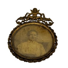 Antique Brass Oval Picture Frame Cherub Bow MiniaturePortrait Victorian Woman picture