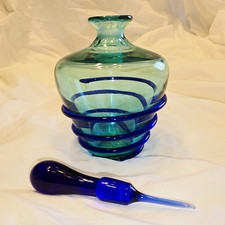 Vintage Glass Act Studio Art Glass Perfume Bottle Teal With Cobalt Blue Ribbon picture